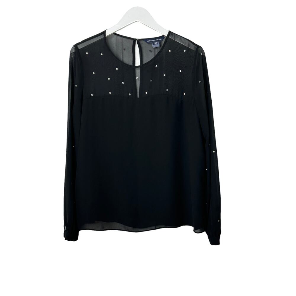 French Connection Black Semi Sheer Long Sleeve Blouse Silver Details Women's 6